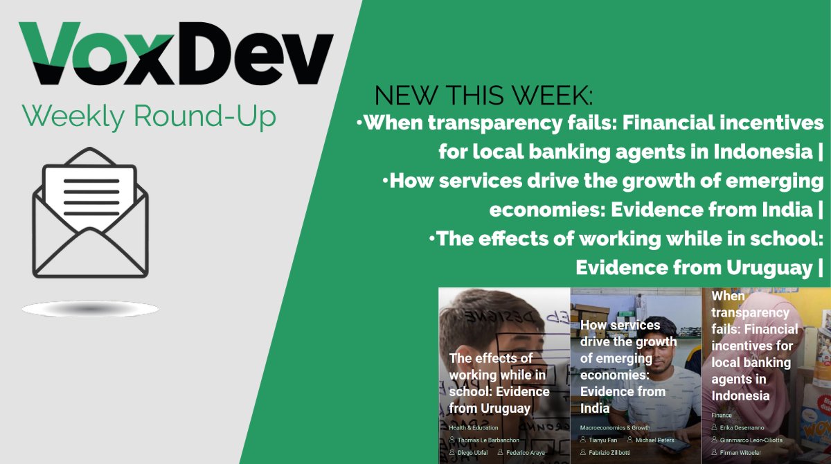 vox_dev's tweet photo. This week on #VoxDev: When transparency fails: Financial incentives for local banking agents in #Indonesia | How services drive growth of emerging economies: Evidence from #India | Effects of working while in school: Evidence from #Uruguay
Read it here 👉 https://t.co/4gKw0k7JEN https://t.co/vGGn5Aarxu