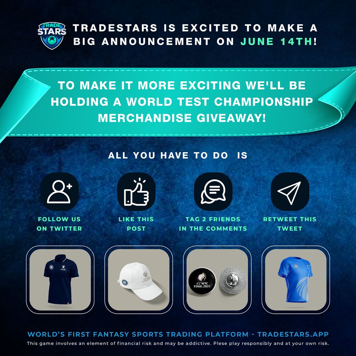 TradeStarsOK's tweet photo. We're excited to let you know that on June 14th, we'll be making a big announcement. 🎊

To make it more exciting we'll be holding a WTC merchandise giveaway 🏏

All you have to do is - 

1. Follow Us
2. Like this post.
3. Mention 2 Friends in the comments.
4. Retweet this post https://t.co/axdu7oh48t