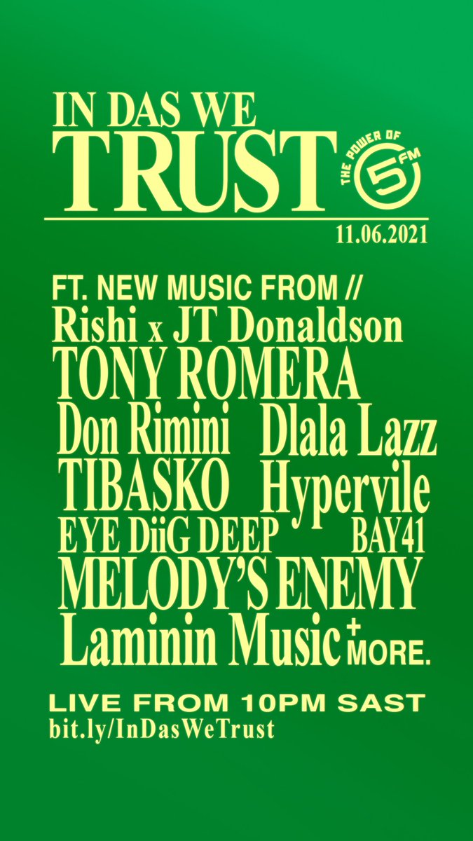 TONIGHT ON <a href="/5FM/">5FM</a>
#INDASWETRUST 💚🔋

Ft.
STAY-C [<a href="/HospitalRecords/">Hospital Records</a>]
<a href="/omarmorto/">Omarmorto</a> [<a href="/cape_club/">🏳️‍🌈🏳️‍🌈🏳️‍🌈BLACKLIVESMATTER🇿🇦🇿🇦🇿🇦</a>]
J-BO

LIVE FROM 10PM SAST / 4PM PT / 1PM ET

》bit.ly/InDasWeTrust
》5fm.co.za