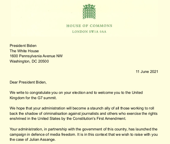 wikileaks's tweet photo. Cross party group of 24 UK parliamentarians call for President Biden to drop the prosecution of Julian Assange, 'an act that would be a clarion call for freedom that would echo around the globe' #FreeAssangeNOW #G7 https://t.co/fJIAdJfHpE