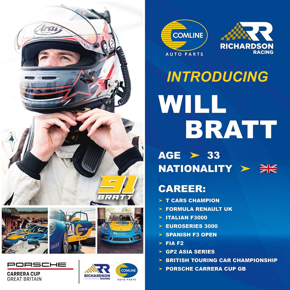 ComlineParts's tweet photo. We are delighted to announce a title sponsorship agreement with British-based Richardson Racing and its driver, Will Bratt, for the upcoming Porsche Carrera Cup GB season.

Don't miss the first race at Snetterton aired on #ITV4 this weekend! #comlinerichardsonracing https://t.co/UGO17dMkq8