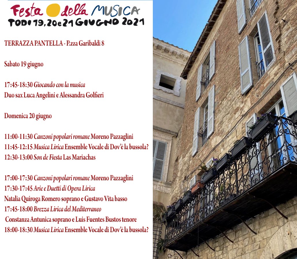 TODI, FESTA DELLA MUSICA 19,20 GIUGNO
Terrazza Pantella- P. zza Garibaldi 8

<a href="/UmbriaMusei/">Terre Musei Umbria</a> @FestaMusicainfo <a href="/umbriajournal_/">Umbria Journal TV</a> <a href="/ilTamTam/">TamTam</a> @FestaMusicainfo <a href="/MusicaInTweet/">Musica In Tweet</a> @ArteUmbria
