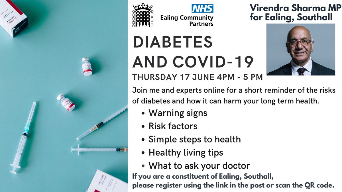 VirendraSharma's tweet photo. As we come out of the pandemic, it is vital to support people with #diabetes and treat early signs. Join me, Nurse Consultant Grace Vanterpool MBE, 
@DiabetesUK on 17 June at 4-5pm for a reminder of the risks and impact on long term health. Register here: https://t.co/frDX4ItLia. https://t.co/3NaXNz8bko
