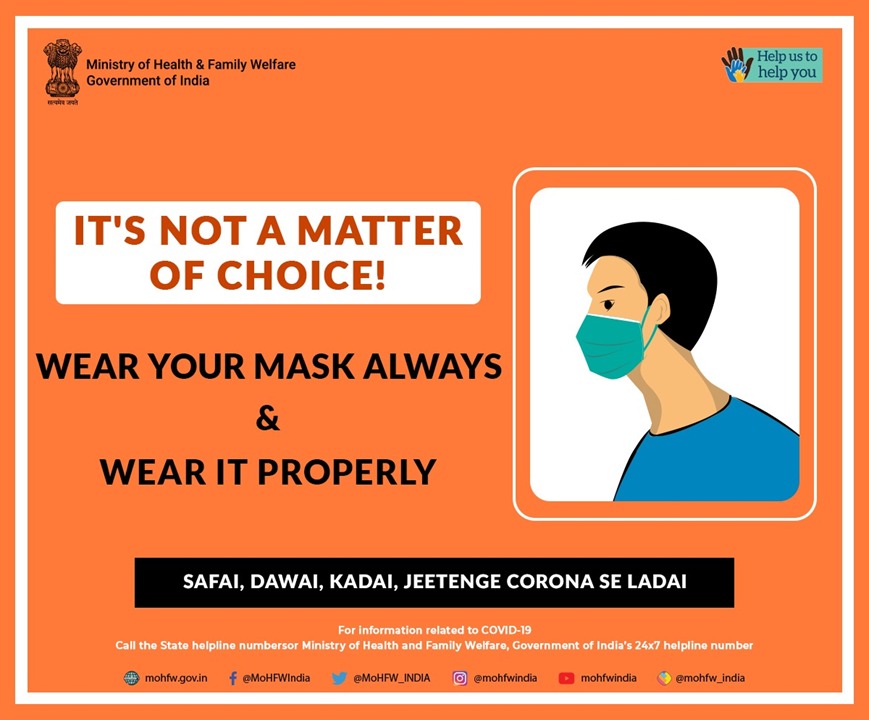 hriday_MoHUA's tweet photo. Just wearing a mask is insufficient in giving full protection against the deadly #coronavirus unless you're wearing it properly! 

Remember, it's not a matter of choice. #WearAMask to protect yourself and people around you. 

#weareinthistogether 
#IndiaFightsCorona https://t.co/VkNKLnfMrX
