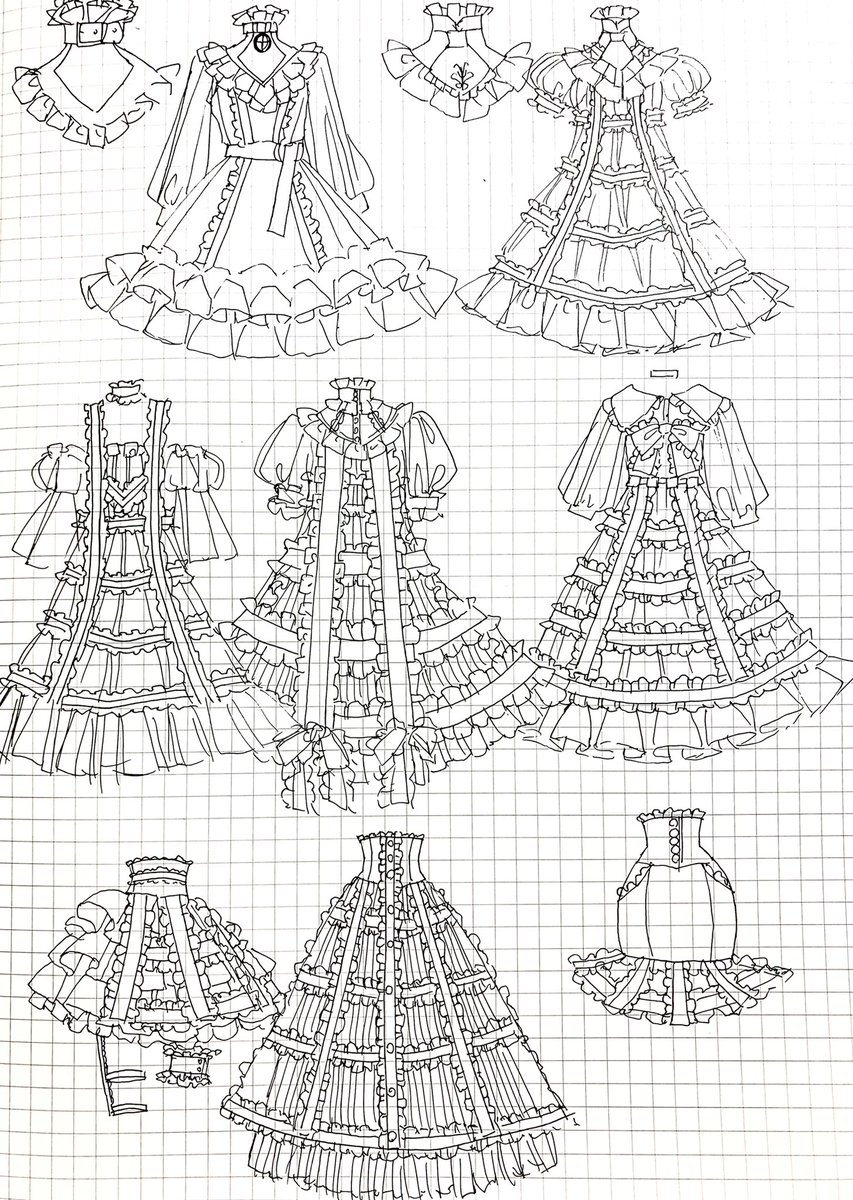 中山 初夏 お洋服とお絵描き イラストの為のお洋服のアイデア ワンピース クリノリンのケージみたいになってる構造の下にプレーンなワンピを着てる W スカート どちらもクリノリンのフレームがフリルだったらという妄想から