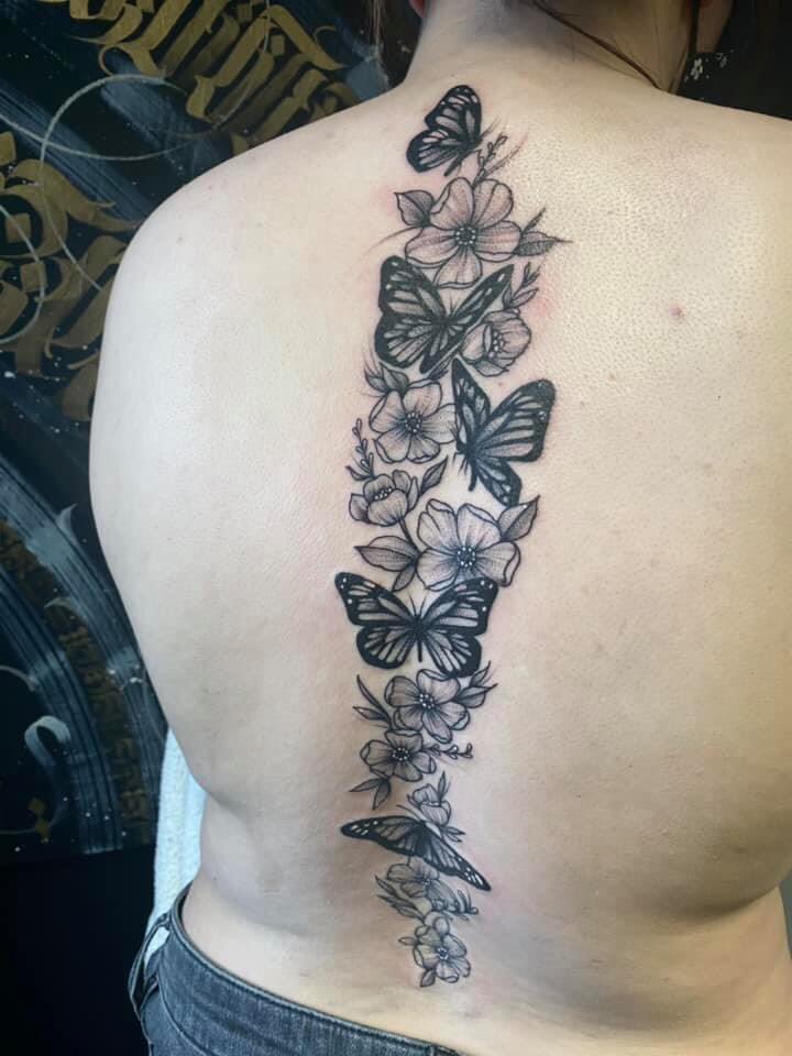 The Petal Faced Gypsy Tattoo on Twitter Flowers and butterflies down the  spine by Kirstie Boyd httpstcollO62hCF1Z  Twitter