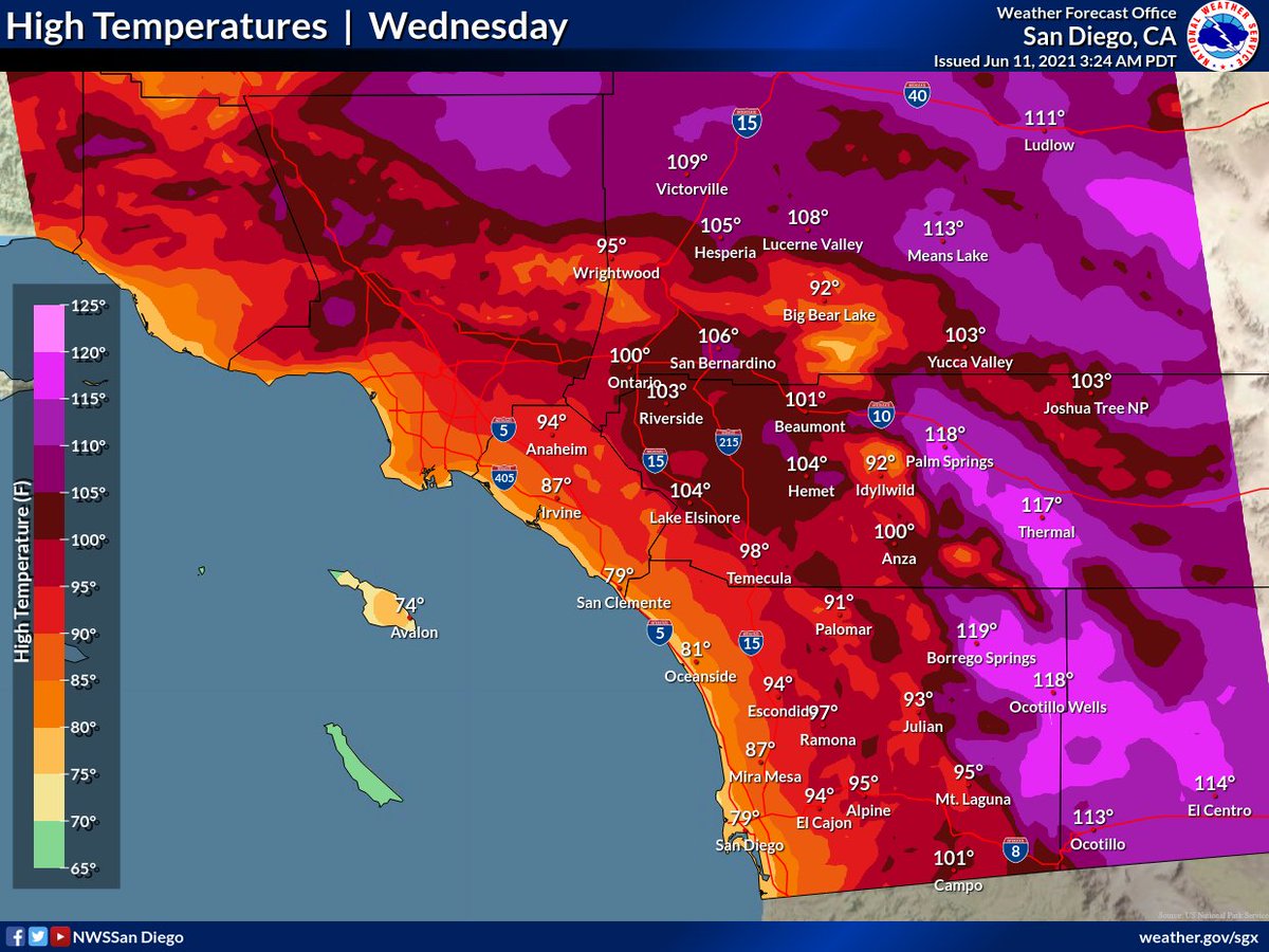 NWSSanDiego's tweet image. So we know it's gonna get hot, but let's touch on a couple of nuances: 

1. Thinking the mountains will be the perfect spot to cool off? Think again. Mountain zones will see some of the highest departures from normal of any geographic area, with highs into the mid 90's. (1/4) 🌡️
