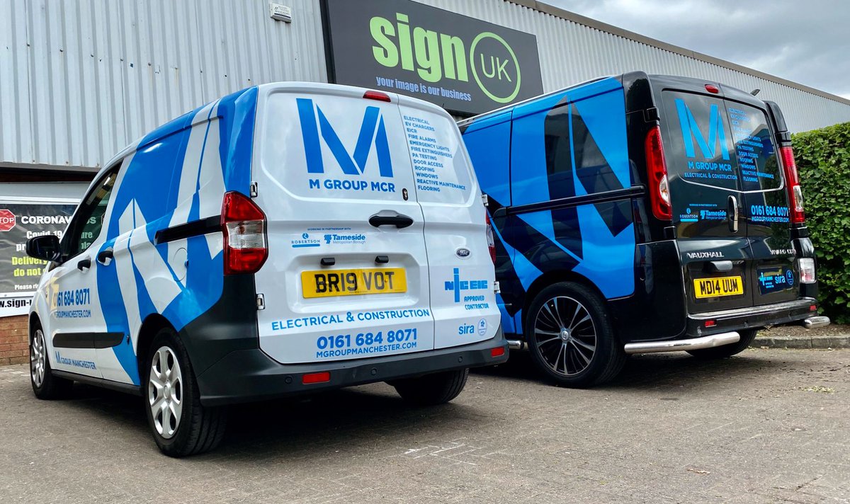 Loved how these two looked side by side midweek. Two vans, signed up for <a href="/M_Group_Mcr/">M Group Manchester</a> using <a href="/AveryDennison/">Avery Dennison</a> 900 Super Cast series! #SignUK #mgroupmanchester #averydennison #vinyl #averyvinyl #supercast #vehiclegraphics #Manchester #LoveSignUK