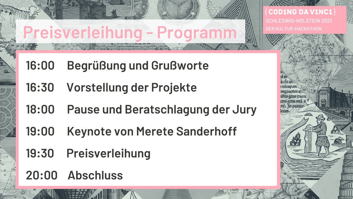 Dürfen wir vorstellen? Das Programm der heutigen Abschlussveranstaltung von #CdVSH21 🤩 Den Livestream gibt's hier: kurzelinks.de/cdvsh21-livest… <a href="/MSanderhoff/">Martin Sanderhoff</a> 
#openGLAM #codingdavinci #opendata #kulturdigital #Hackathon
