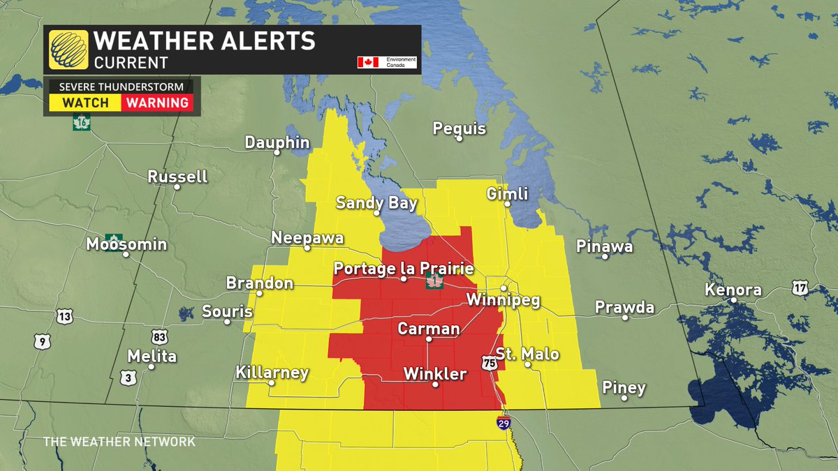 nadinehp4's tweet photo. Current severe thunderstorm watches and warnings for southern #Manitoba. Wind gusts >90 km/h, quarter-sized hail the main threats. #MbStorm #PrStorm @weathernetwork https://t.co/9eRcu5QMFT