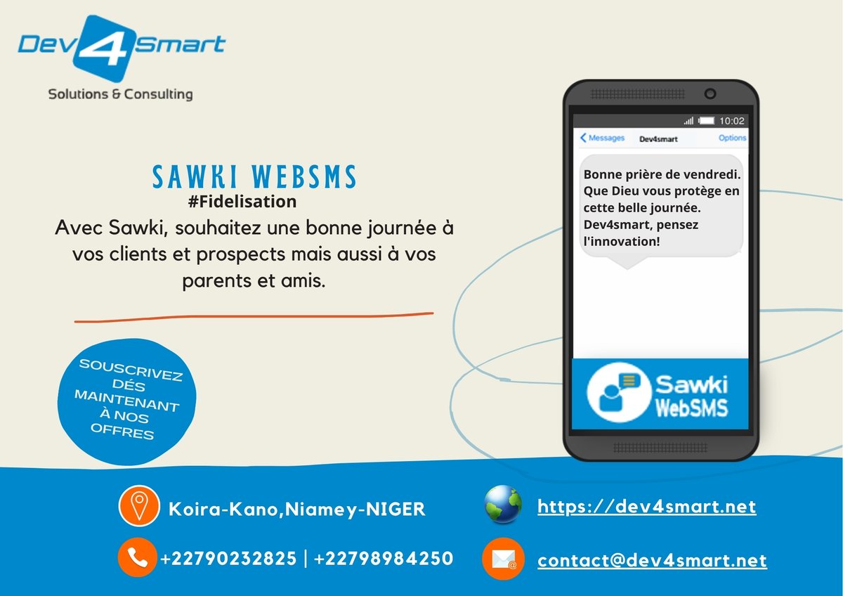 dev4smart's tweet image. Grâce à notre produit Sawki WebSMS, envoyez des SMS de fidélisation, des SMS promotionnels ou transactionnels et surpassez vos concurrents.
Infoline au +22790232825 | contact@dev4smart.net
Dev4smart, pensez-l&apos;innovation!
#SawkiWebSMS #SMSMarketing #BulkSMS