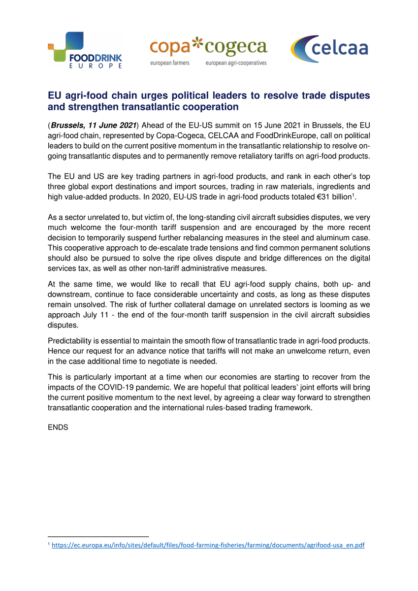 FoodDrinkEU's tweet photo. Together with @COPACOGECA and @celcaa, we're calling on Presidents @vonderleyen, @CharlesMichel &amp; @POTUS to build on the positive momentum to resolve ongoing trade disputes and permanently remove unrelated tariffs on agri-food products. ⬇️ #EUUSsummit 🇪🇺🤝🇺🇸 https://t.co/aup8w7BjXU