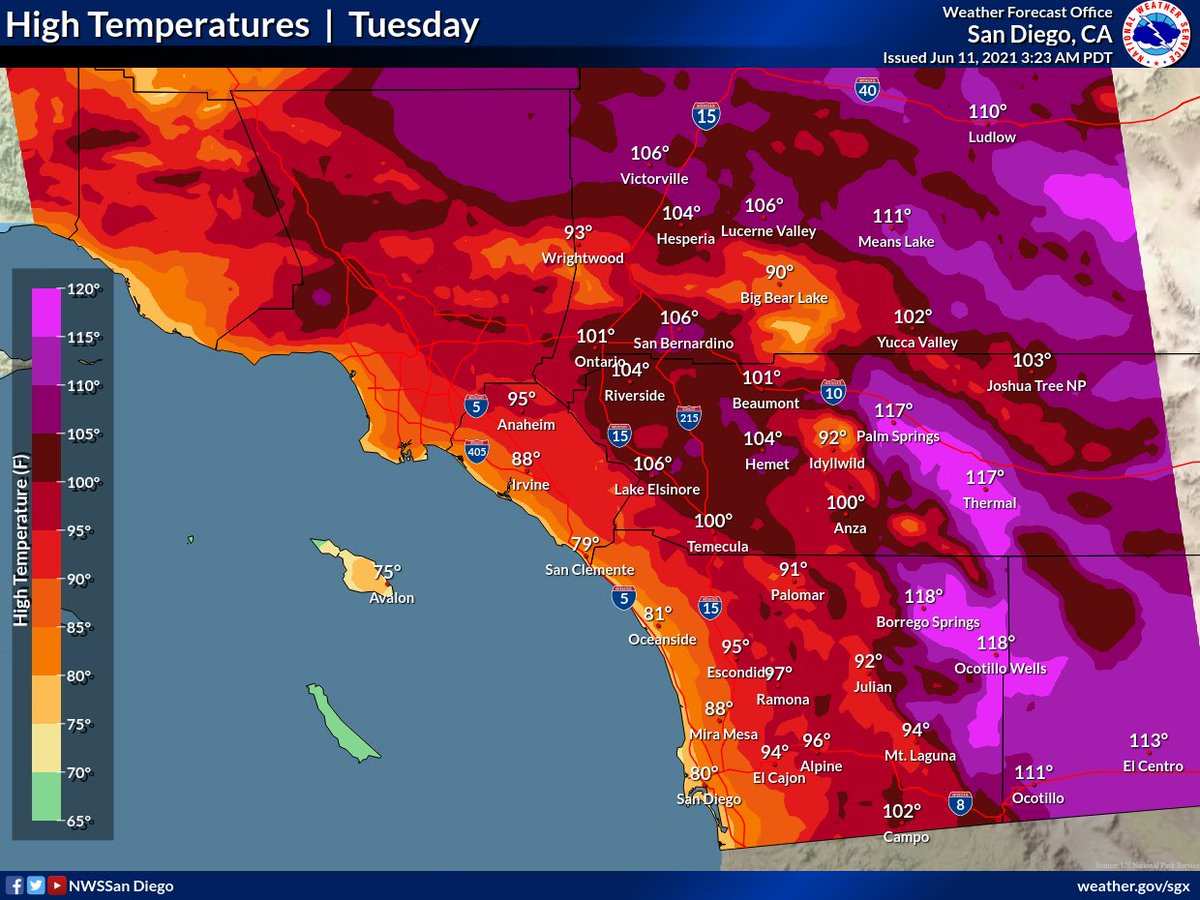 NWSSanDiego's tweet image. So we know it's gonna get hot, but let's touch on a couple of nuances: 

1. Thinking the mountains will be the perfect spot to cool off? Think again. Mountain zones will see some of the highest departures from normal of any geographic area, with highs into the mid 90's. (1/4) 🌡️