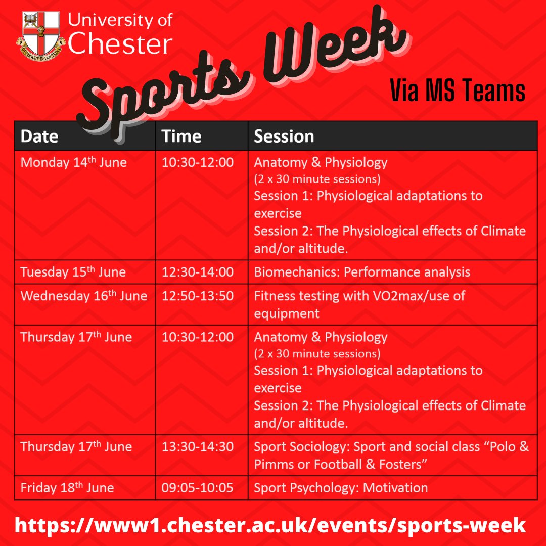SESChester (@seschester) on Twitter photo www1.chester.ac.uk/events/sports-…
Physiology with Prof.Craig Twist <a href="/craig_twist/">Craig Twist</a>, Dr. Sam Moss <a href="/Sam_Moss15/">Samantha Moss</a>
Lab session with Assoc. Prof. Jamie Highton <a href="/JHighton/">Jamie Highton</a>
Biomechanics with Dr. Edd Thomson <a href="/EThomson_Boxing/">Edd Thomson</a>
Sociology with Dr. Ian Pritchard
Psychology with Dr. Carmel Edwards www1.chester.ac.uk/events/sports-…
Physiology with Prof.Craig Twist <a href="/craig_twist/">Craig Twist</a>, Dr. Sam Moss <a href="/Sam_Moss15/">Samantha Moss</a>
Lab session with Assoc. Prof. Jamie Highton <a href="/JHighton/">Jamie Highton</a>
Biomechanics with Dr. Edd Thomson <a href="/EThomson_Boxing/">Edd Thomson</a>
Sociology with Dr. Ian Pritchard
Psychology with Dr. Carmel Edwards