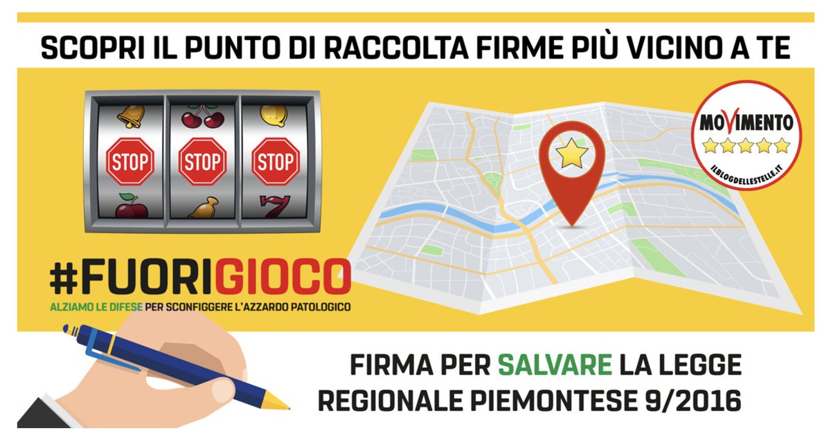 Al via la raccolta firme #FUORIGIOCO  Alziamo le difese per sconfiggere l'azzardo patologico.
-> Qui i punti raccolta piemonte5stelle.it/fuorigioco/
Firma per salvare la legge piemontese 9/2016
#Piemonte #Azzardo #RegionePiemonte #Gioco #GiocoPatologico