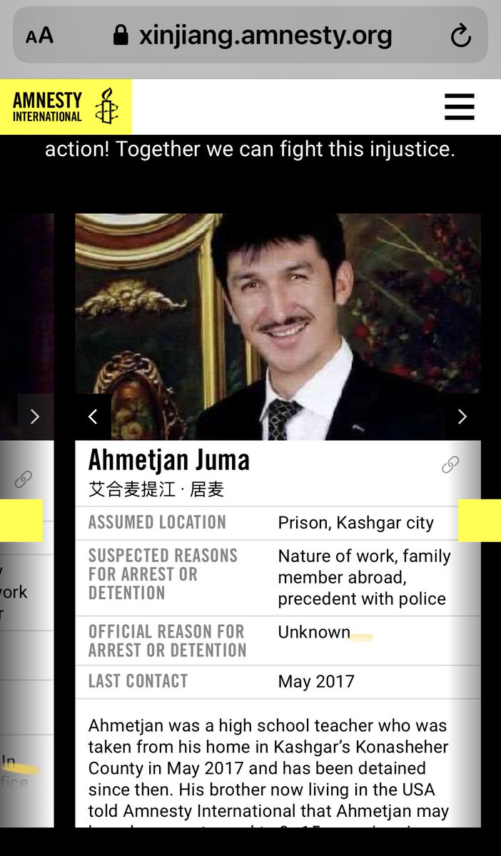 My brother, Ahmetjan Juma, may have been sentenced in a  secret trial after having detained in internment camp in Kashgar. Please see the new ⁦<a href="/amnesty/">Amnesty International</a>⁩ report for more details. xinjiang.amnesty.org