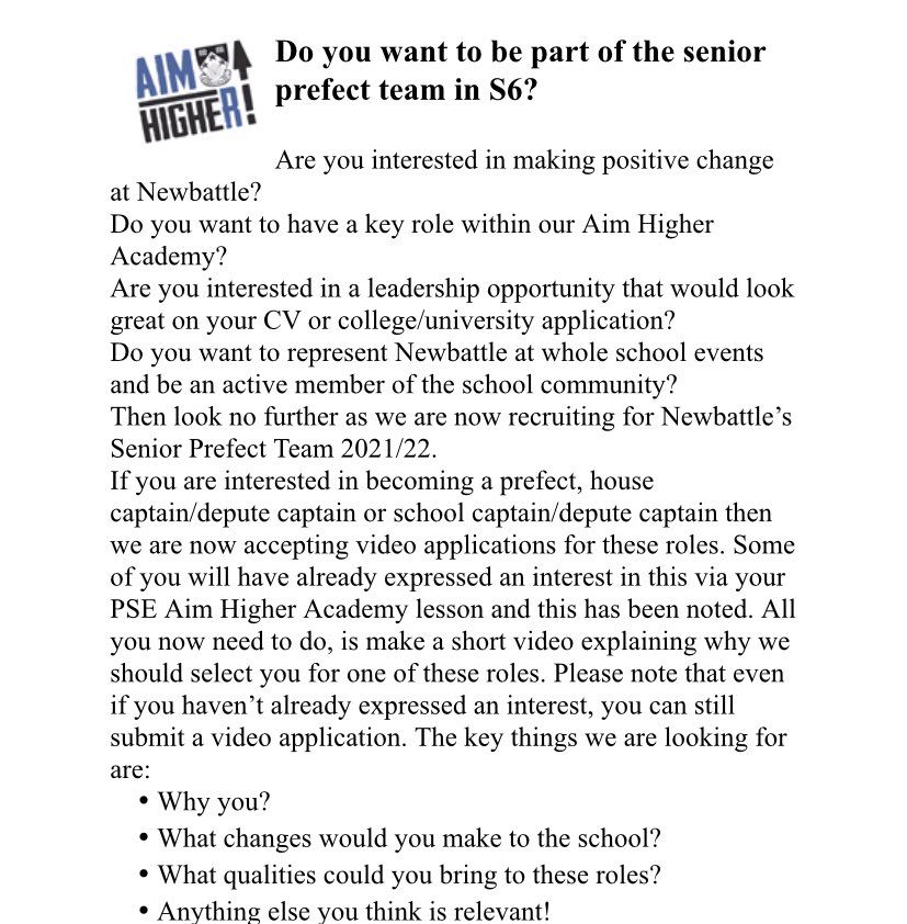 AimHigherAcad's tweet image. Current S5 students- are you interested in being part of @newbattlehigh Senior Prefect Team?
Deadline for video application is end of the school day on Thursday 17th June. 
More information has been shared on your PSE google classroom💫 #AimHigher #PupilLeadership @NewbattleCHSHT