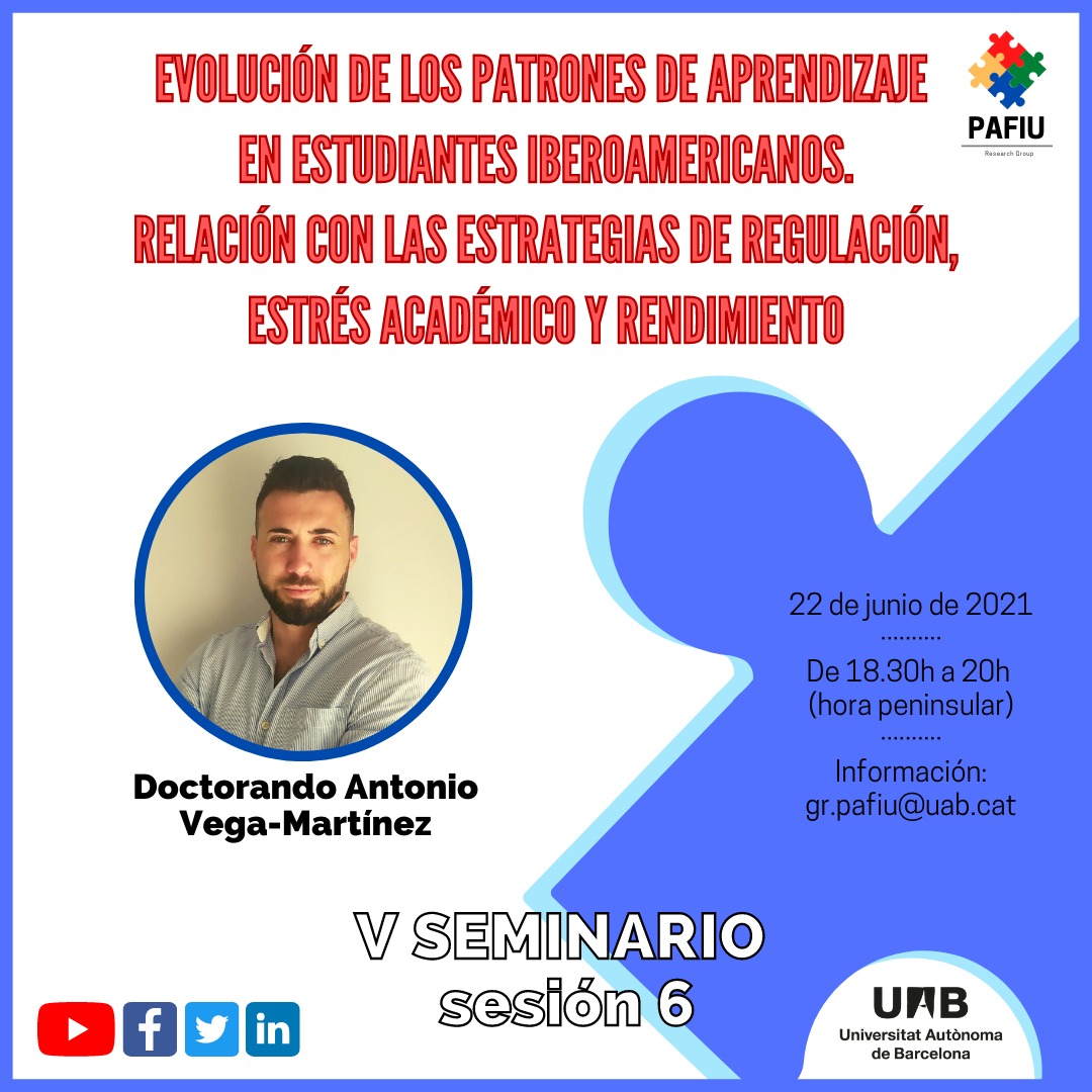 PAFIU_UAB's tweet photo. 🙌Presentación muy esperada de Antonio Vega-Martínez sobre #learningpatterns, #estrés y #rendimiento , para abordar el #abandono en #educaciónsuperior
Abierta a todo el mundo, 22/05 a las 18:30 (hora Española peninsular). Para asistir: https://t.co/GS60CDFEWP https://t.co/paggFZUP8J