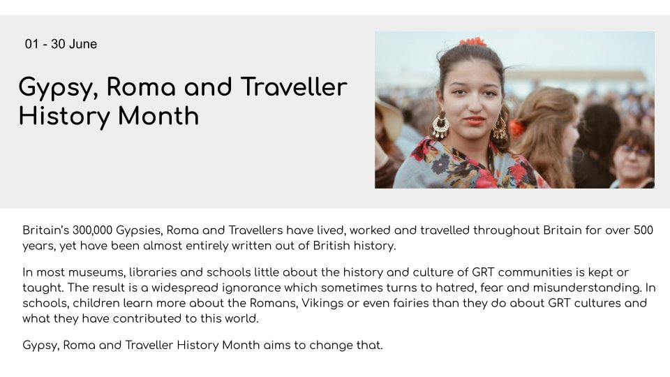 BCLibraryWA's tweet photo. ✨June is Gypsy, Roma and Traveller History Month #GRTHM2021 and the LRC have put together a presentation to raise awareness and to celebrate the Gypsy, Roma and Traveller communities.

https://t.co/8ctYd3REXB

@FEBrooklands @GypsyTravellers https://t.co/cYlDvaN21K