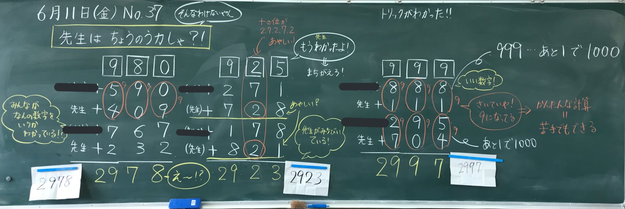 にしこめ 3年 足し算と引き算の筆算 今日は発展 はじめの数字が出た時点で5つの数の和がわかる という先生のトリックを見破る めっちゃ盛り上がった わかった瞬間気づいた瞬間の あーっ とか わからん時の えぇ とか ここがあやしい