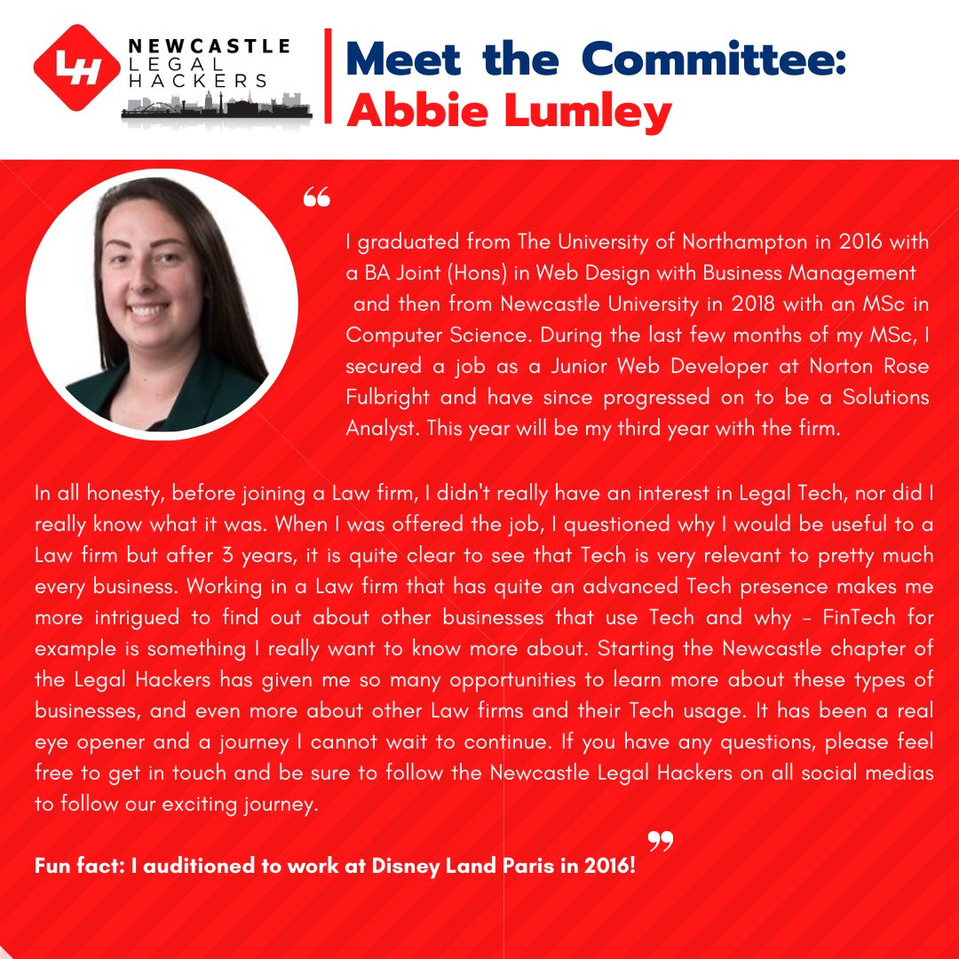 Meet the Committee series! This week we would like to introduce Abbie! 

Make sure to follow our Instagram and Twitter to stay up to date with all Newcastle Legal Hackers news!