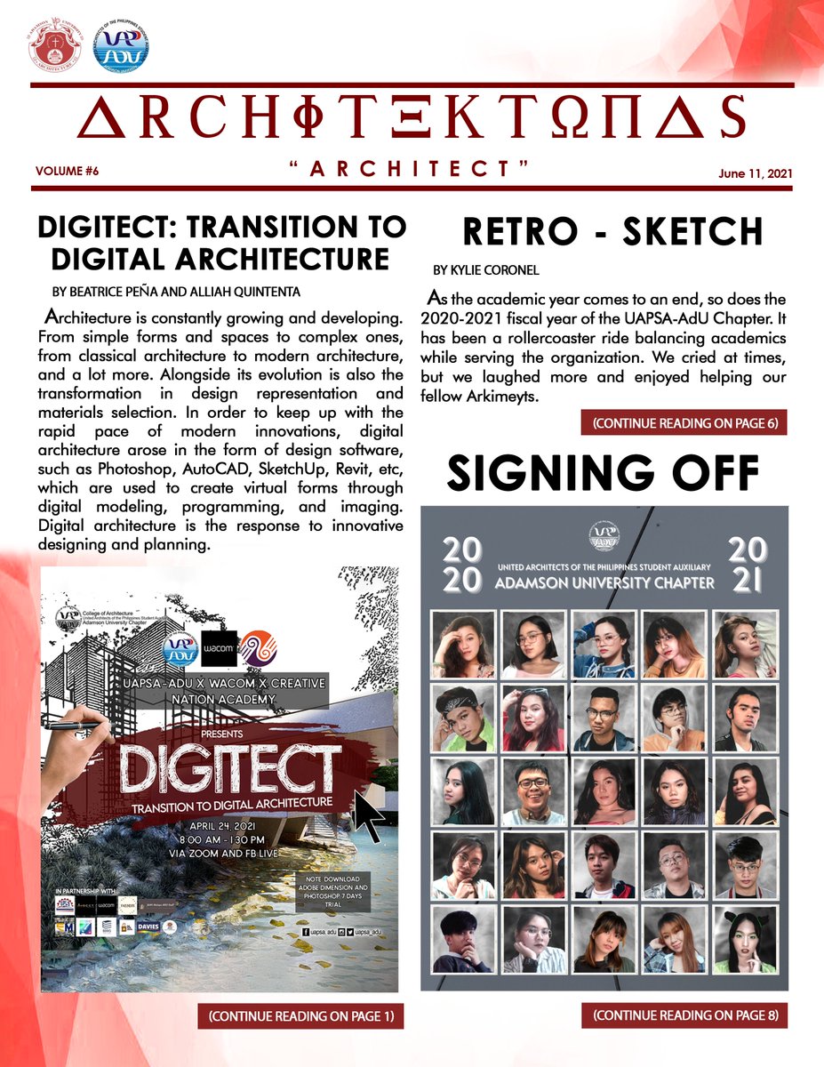 uapsa_adu's tweet photo. 📢 ATTENTION, ARKIMEYTS 📢

The UAPSA - AdU proudly presents the 6th and last volume of its official e-Magazine entitled Δ𝗥𝗖𝗛ΦΤΕΚΤΩΠΔ𝗦!

Just go to our Official Facebook Page to view the full version of the Sixth Volume. Enjoy, Arkimeyts!

#ArchitektonasUAPSAAdU
#UAPSAAdamson https://t.co/69kx2s9DMC