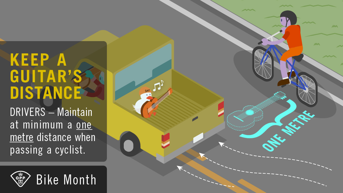OPP_News's tweet photo. Drivers: When approaching a bicycle on a road, slow down and move at least one metre away from the cyclist to pass safely. #BikeSafety https://t.co/oJC72zqJt0