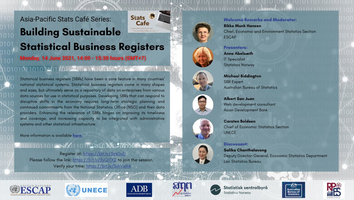 UNESCAP's tweet photo. Tune in for our next #StatsCafe, as we uncover the best approaches in building sustainable statistical business registers - a core feature in many countries' national #statistical systems.
⏰ 14 June, 1400-1530hrs (GMT+7)
🔗https://t.co/bnHkeJbbRN https://t.co/mRuwiDjUeG