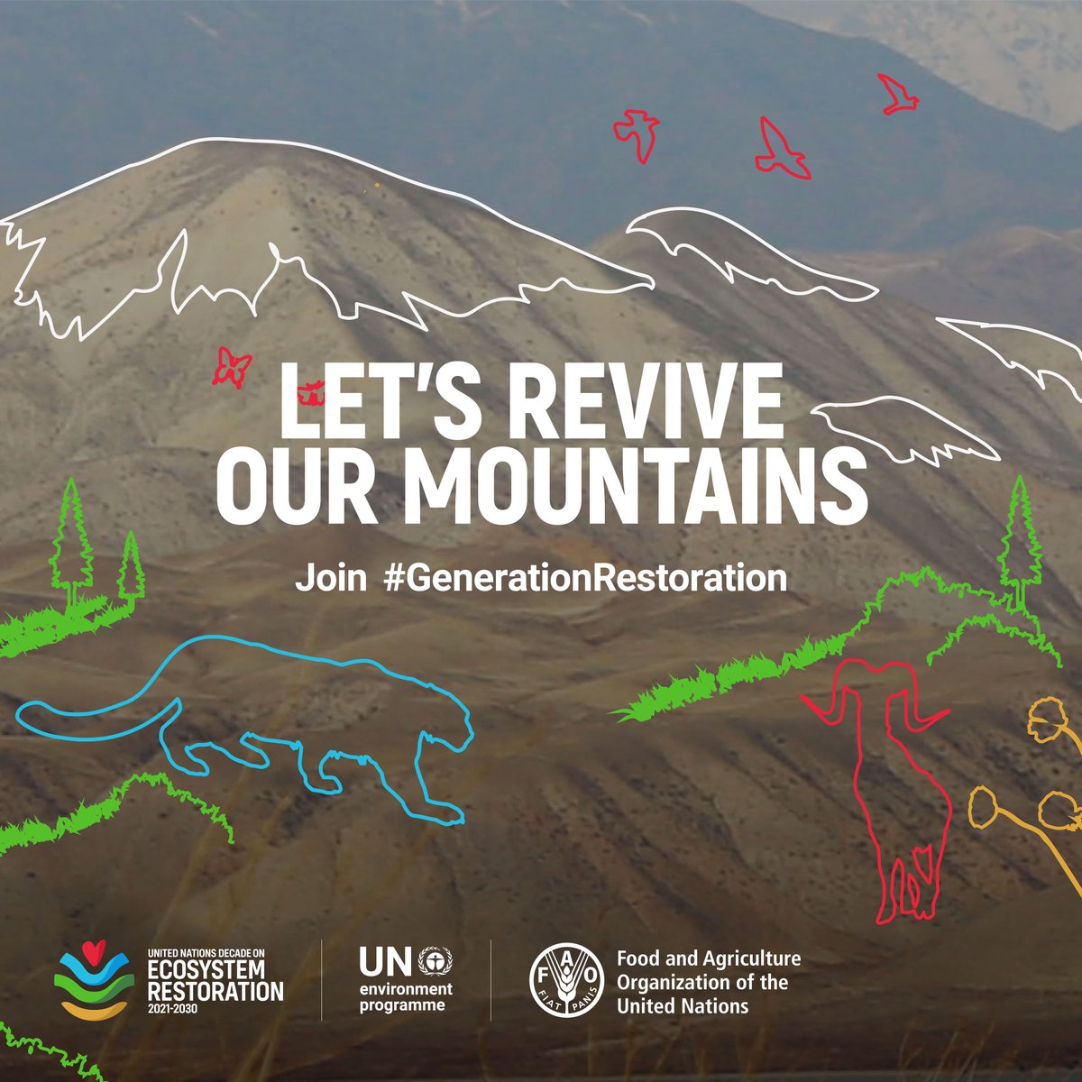 UNEP's tweet photo. It's time to restore what we 💚 &amp; renew our relationship with mountains

You can help to:
1️⃣ Keep them clean
2️⃣ Protect &amp; conserve their unique ecosystems &amp; species 🦍 🐅 ❄️ 🐆
3️⃣ Support #ClimateChange adaptation measures
#GenerationRestoration https://t.co/Wqf2QzoYnm