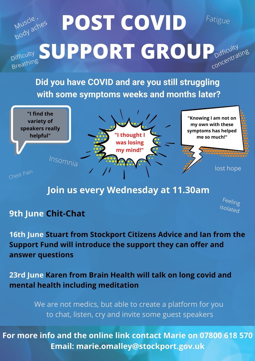 Stockport residents, struggling with symptoms after covid? Join the post covid support group every Wednesday at 11:30