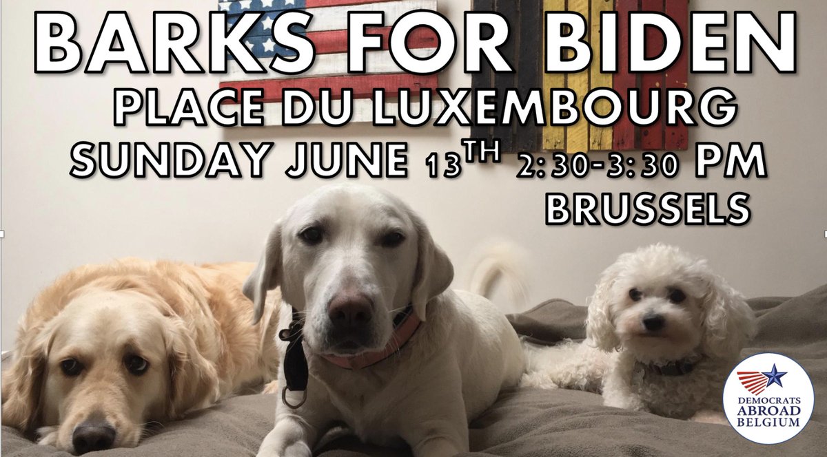 demsabroadbe's tweet photo. Peggy, Britta et Chicco, du #FanClub belge de #ChampAndMajor 🇧🇪🇺🇸, vous invitent à l'événement #BarksForBiden ce dimanche 13 juin à 14h30 - Place du Lux. Amenez votre chien et souhaitons la bienvenue (avec distanciation sociale) à @POTUS à #Bruxelles
https://t.co/0MhHaIWZ3b https://t.co/UtqLIkCooJ