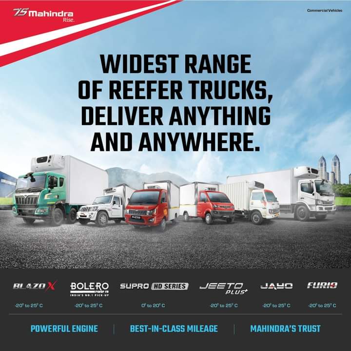 MahindraTrukBus's tweet image. Transport your perishable products with a wide range of Mahindra BS6 Reefer Trucks ensuring higher mileage for faster deliveries. A go-to solution for your refrigerated goods transport business. Give a missed call on 18003157799 to know more. #MahindraTruckAndBus
