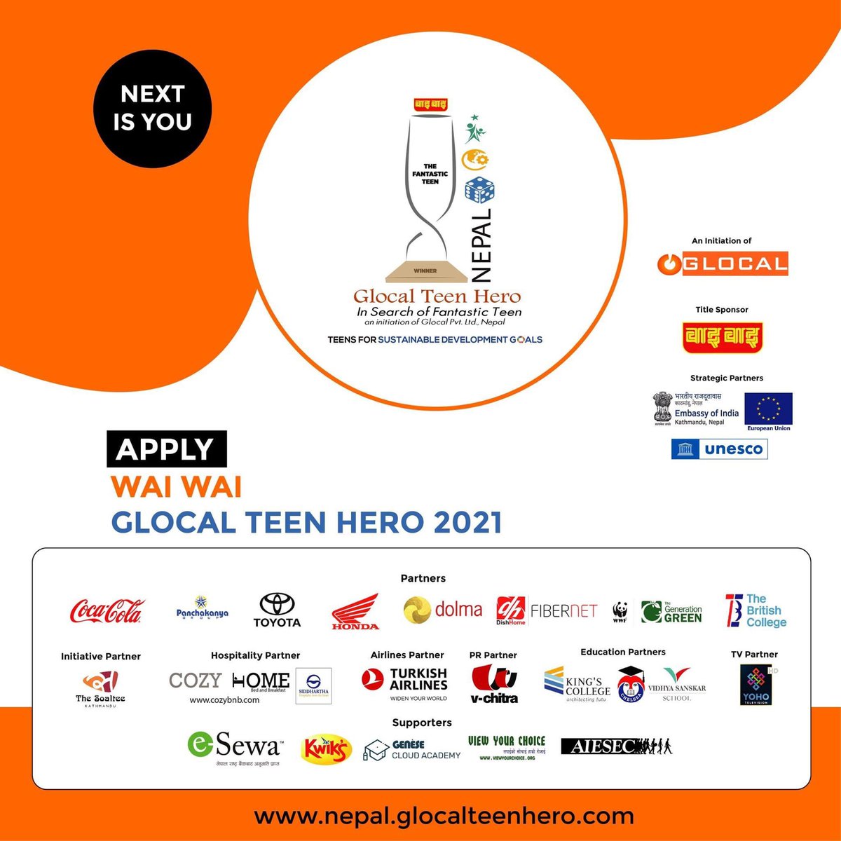 Announcing the 7th Edition of Wai Wai Glocal Teen Hero Nepal 2021. 

Apply or Nominate teenagers who have done something impactful and created a change. 

To apply: nepal.glocalteenhero.com/apply/

To nominate: nepal.glocalteenhero.com/nominate/

Deadline: 30th July, 2021

#gth2021