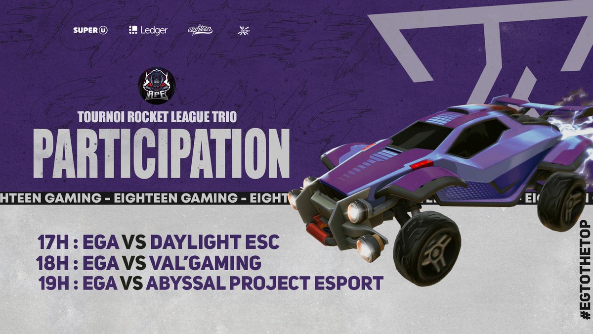 GAMEDAY 🚨

La Eighteen Gaming Académique a 3 matchs aujourd’hui sur #RocketLeague à la #COUPEAPE Inter-Asso de <a href="/APEassociation/">A.P.E. Association🐒</a>! 💜

🏎 17H 🆚 <a href="/DLTEsport/">DayLight ESC</a> 
🏎 18H 🆚 <a href="/ValGaming17/">Val'Gaming</a>
🏎 19H 🆚 @AbyssalProject

Bon match, bonne chance à tous !🍀