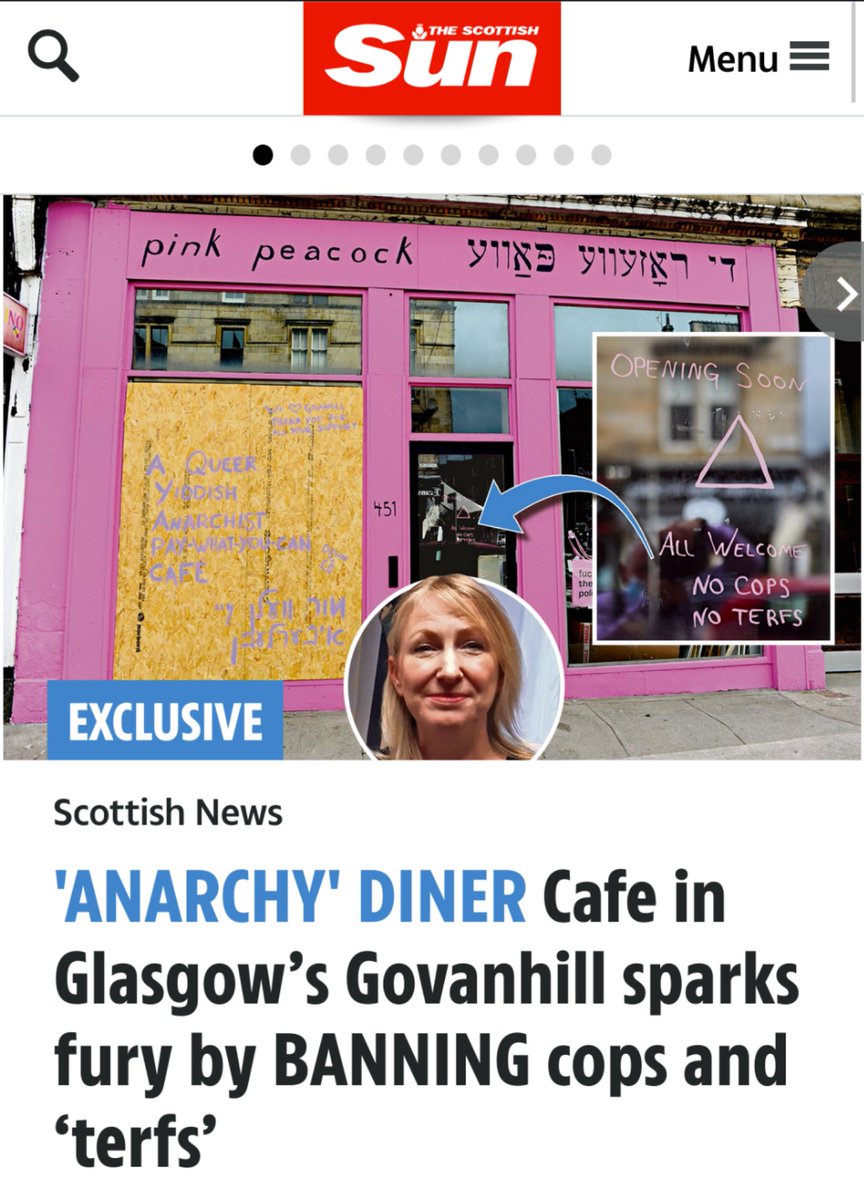 headline from the scottish sun reads: 'ANARCHY' DINER Cafe in Glasgow's Govanhill sparks fury by BANNING cops and 'terfs'