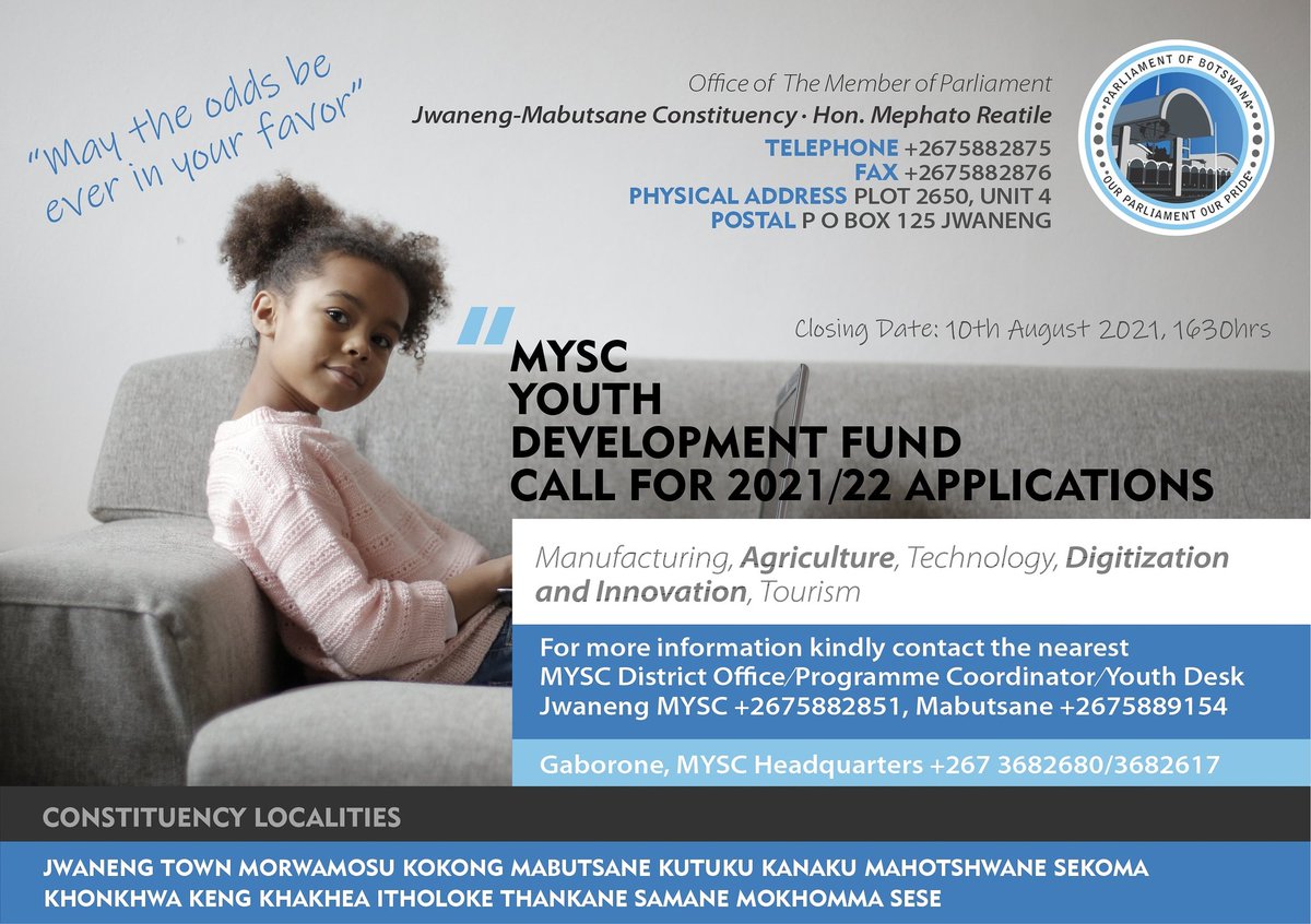 MephatoReatile's tweet photo. @myscbw CALLS FOR YDF APPLICATIONS 
The Ministry of Youth Empowerment, Sport and Culture Development, calls for Youth Development Fund (YDF) applications. The ministry has resolved to start receiving applications for 2021/2022 (YDF) from 09 June 2021 (today) to 10 August 2021. https://t.co/Vm2ZCZe52S