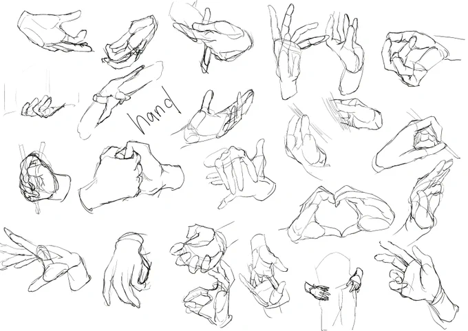 handクロッキー6日目、輪郭→脂肪→指で描く流れと、輪郭(指の大体位置も)→ペン入れ→肉付けの2パターンで描いてるけど、どちらも安定しない、あと小さいサイズで手を描くのがすっごい苦手だ 