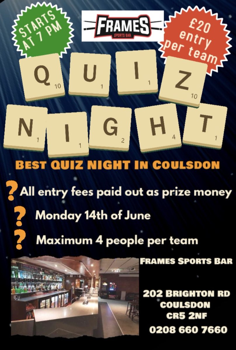 Monday is our quiz night ! 
Book your team in ASAP 🤩🤓 

Roll on Monday fun ! 
#framessportsbarcoulsdon #framessportsbar #coulsdontown #frames #quiz #quiznight #southlondon #fun #goodvibes #Monday