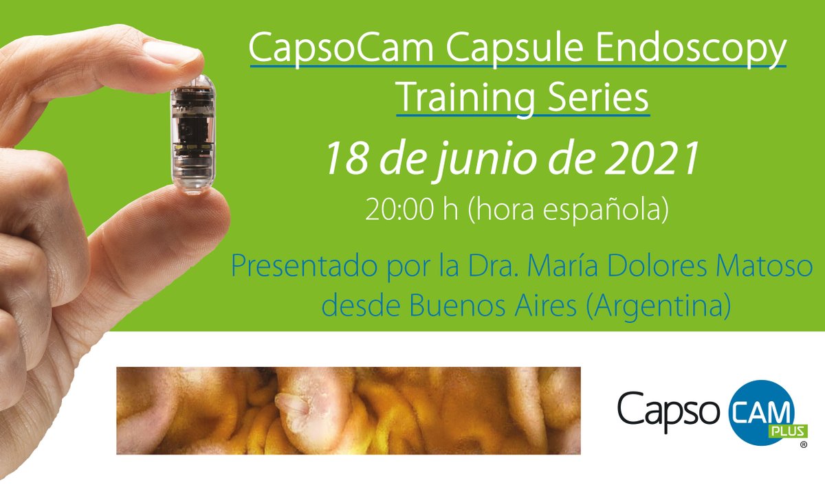 STEndoscopia's tweet photo. El 18 de junio tendrá lugar Entrenamiento en español con Cápsula Endoscópica #CapsoCam organizado por @CapsoVision presentado por la Dra. María Matoso (Argentina) y dirigido a personal médico y de enfermería.
📆 Viernes 18 Junio
⌚ 20:00 horas
✏️ https://t.co/F0qBheH0Hd https://t.co/8SKNvA3TXW