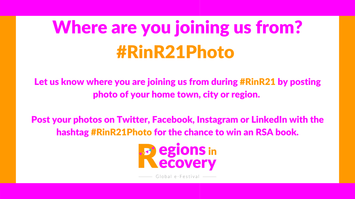 The RSA will like to know where participants in the conference come from. Please post an interesting photo of your town, city or region with the #RinR21 tag. 
There is a gift for the most interesting picture
#RinR21 #RegionsinRecovery