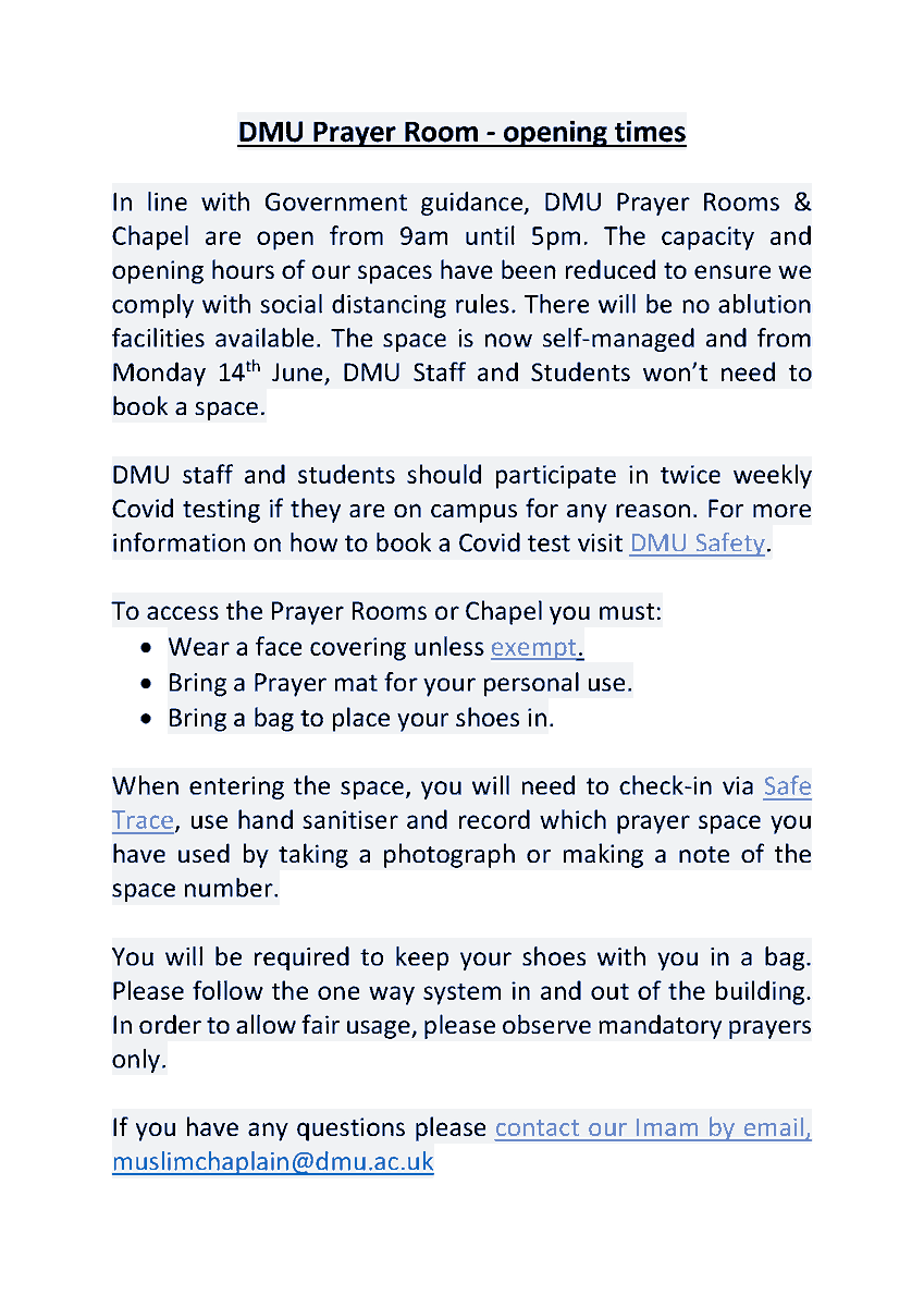 DMU_Imam's tweet photo. From Monday 14th June 2021 till further notice, please see below, important information accessing the Prayer Rooms @dmuleicester available for current students and staff. #StaySafe #FridayFeeling https://t.co/qMrprv96fK