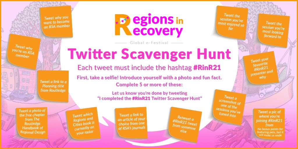 Please pay attention to the questions in the 'notes' on the poster when tweeting your entries. 

Let's go hunting!! Goodwick everyone #RinR21 #twitterscavengerhunt
#RinR21 
<a href="/regstud/">Regional Studies Association</a> <a href="/RSAEurope/">RSA Europe</a> <a href="/DanielaSCarl/">daniela carl</a>