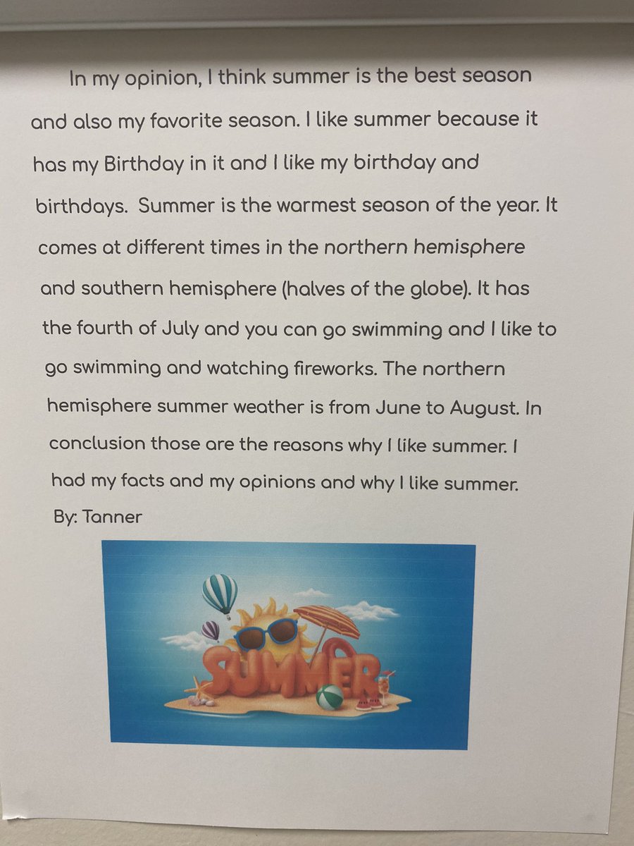 RParkESEagles's tweet photo. Check out the “Writings in the Hall”! 3rd graders in @ms_majewski’s class published opinion writings sharing their favorite seasons. 

@MrBSchechter @RedClaySchools @JasonMartin1976 #weareredclay #3rdgrade #writing https://t.co/2Xoyig2DOQ