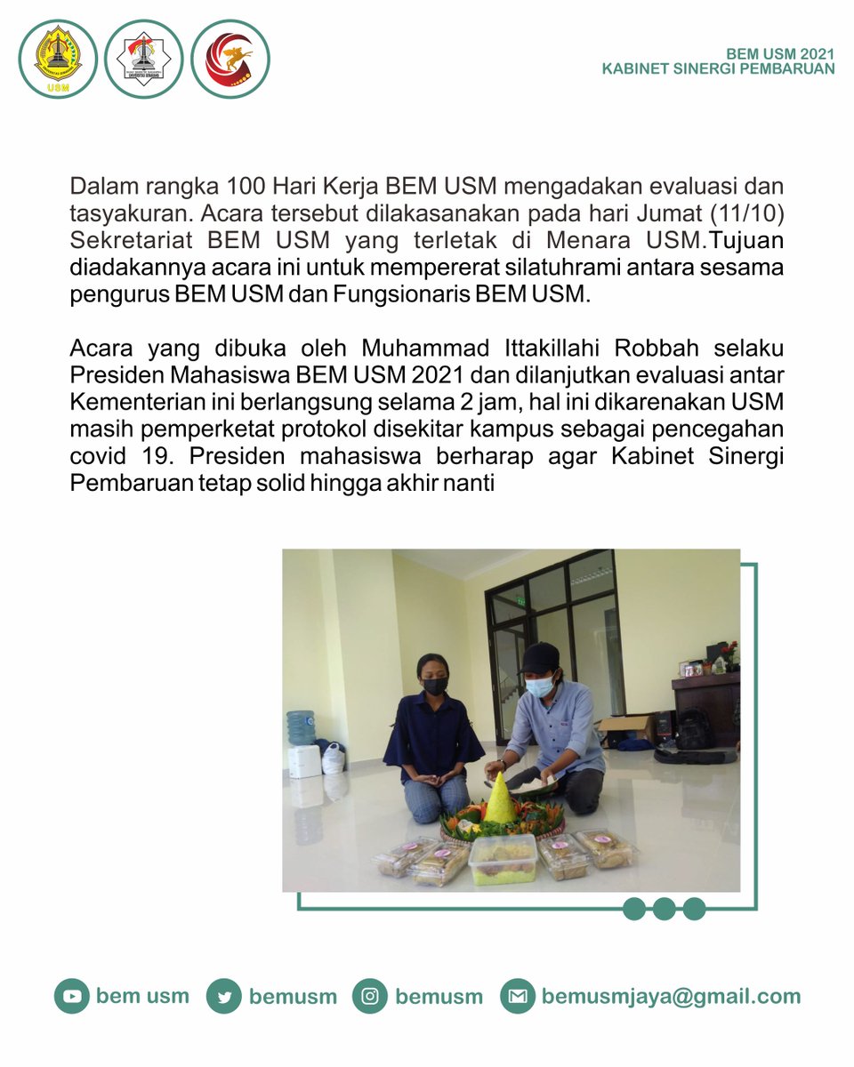 Evaluasi dan Tasyakuran 100 Kerja BEM USM 2021

#bemusm
#usmjaya
#usm