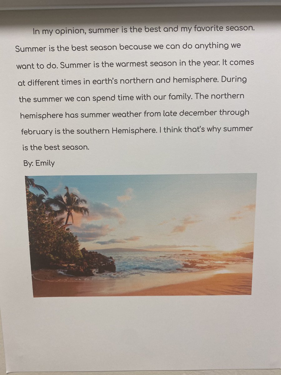 RParkESEagles's tweet photo. Check out the “Writings in the Hall”! 3rd graders in @ms_majewski’s class published opinion writings sharing their favorite seasons. 

@MrBSchechter @RedClaySchools @JasonMartin1976 #weareredclay #3rdgrade #writing https://t.co/BaD1jtJlON