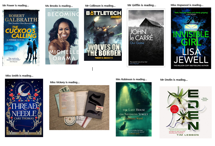 HEnglishdept's tweet photo. Happy #FictionFriday! It's been a while since our last post! Have you picked up a new #book and #read anything exciting? Have a look at what the staff at HOH are #currentlyreading! Does anything look interesting? #readingforpleasure 📚📚📚 https://t.co/tlJUmINJOX