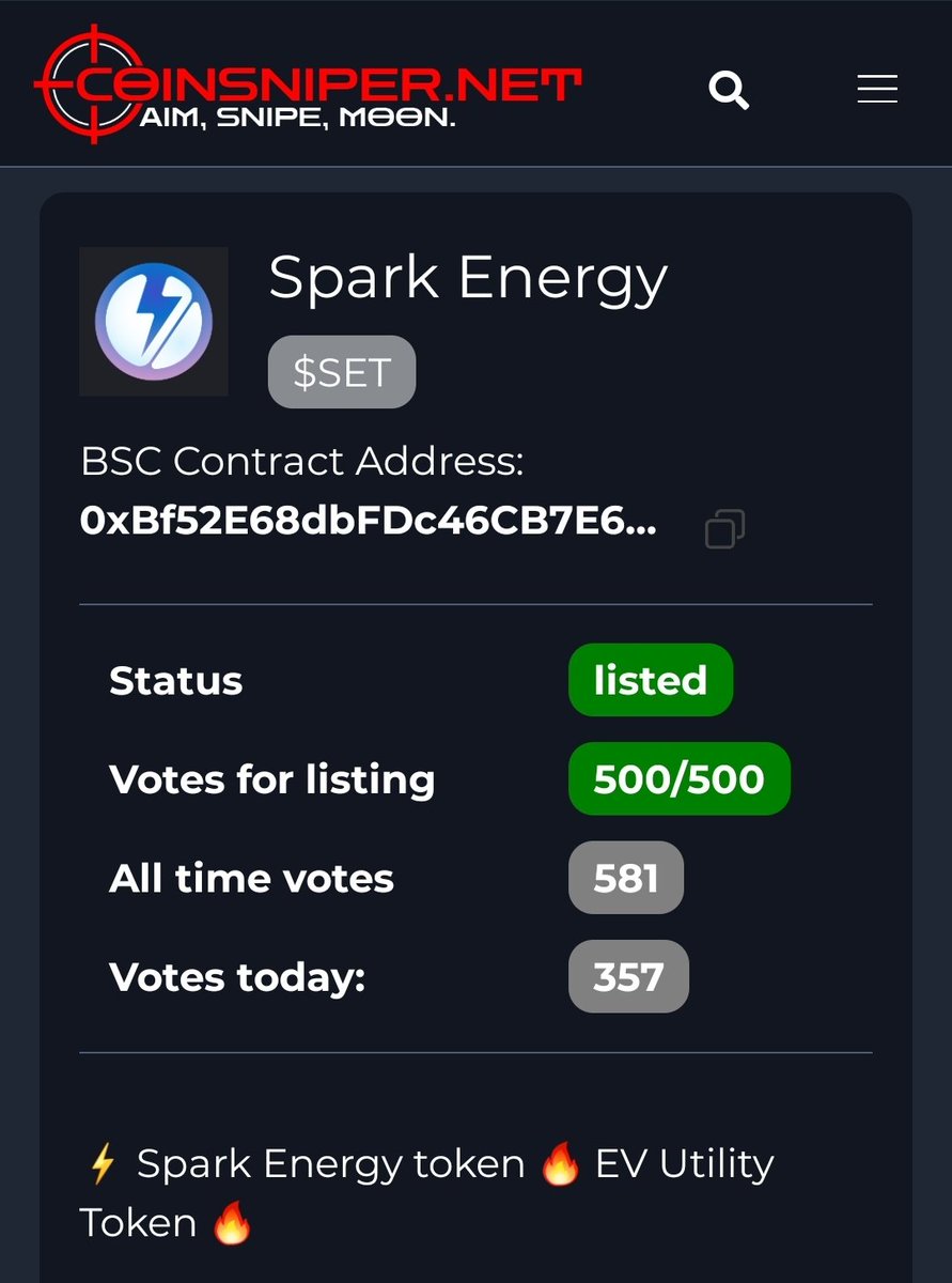 0xSparkEnergy's tweet photo. TODAY'S UPDATE:
Spark Energy token IS NOW listed on @coinsniper_net. ⚡🚀⚡
https://t.co/xNZDxcMMg2
Buy now!
#SparkEnergyToken $SET #SETarmy https://t.co/exVe2X7ifu