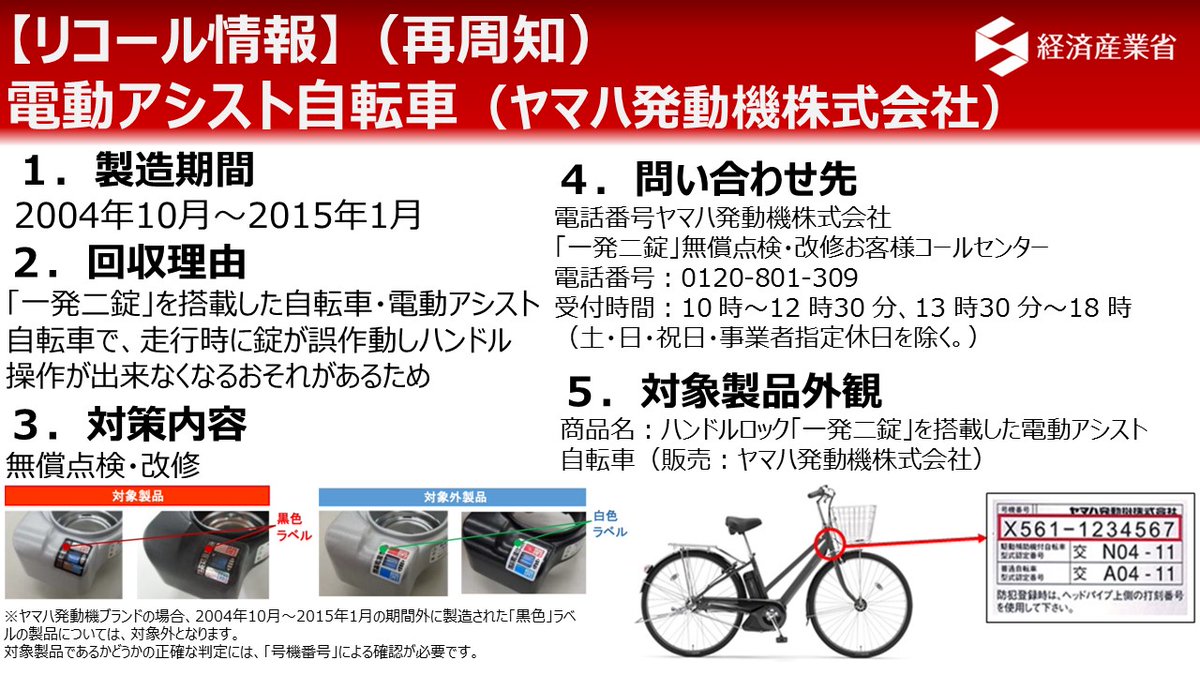 再周知リコール情報】 ＊ヤマハ発動機株式会社＊自転車＊ 「一発二錠 