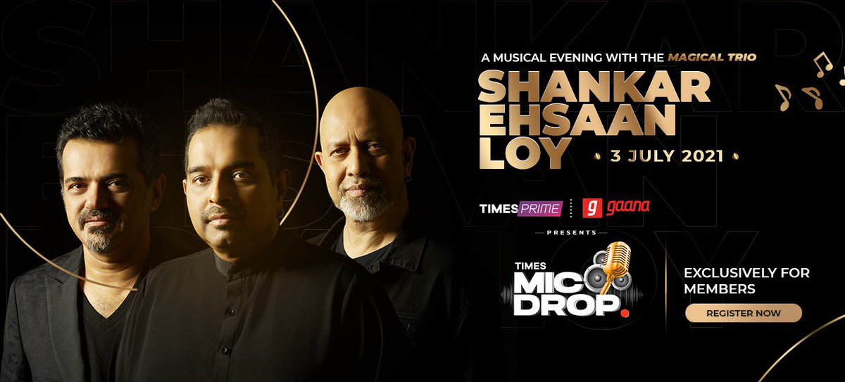 Super stoked for the launch of #TimesMicDrop -a series of live digital concerts, hosted exclusively for #TimesPrime &amp; #Gaana members.

The inimitable trio of <a href="/ShankarEhsanLoy/">Shankar Ehsaan Loy</a> will take the MicDrop stage on 3rd July for a members-only, inaugural performance! 
🎶 🎶