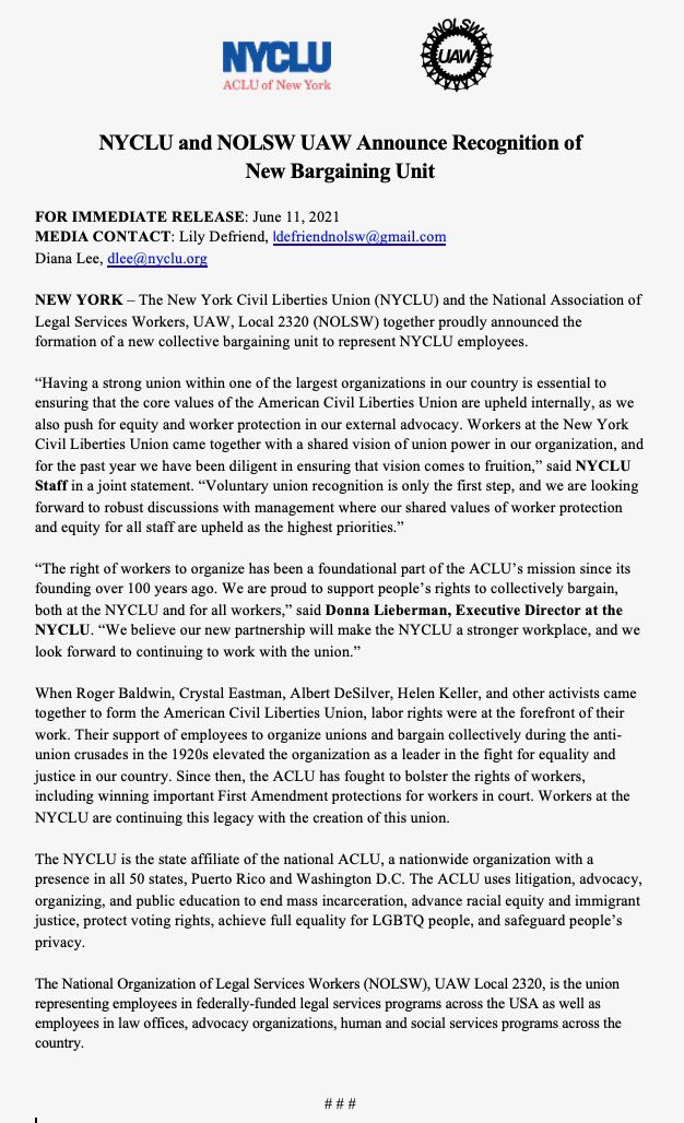 NYCLUStaffUnion's tweet photo. NEW: We’re excited to announce that @NYCLU has decided to voluntarily recognize our union with @nolsw2320! 🎉

This is an important first step - and we’re looking forward to working w/ NYCLU to build an equitable workplace.

Our statement: https://t.co/Kr73mfv4lh